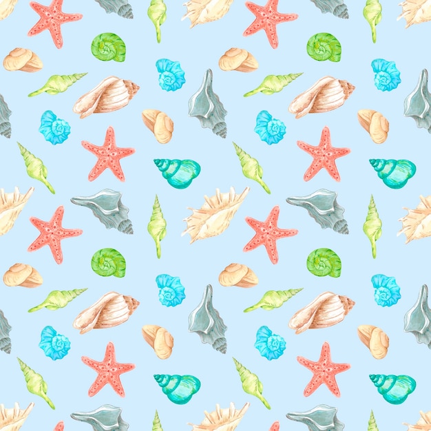 Ręcznie rysowane muszle akwarelowe bezszewny wzór izolowany na niebieskim tle Ilustracja morska może być używana do pakowania tkanin włókienniczych i innych produktów drukowanych