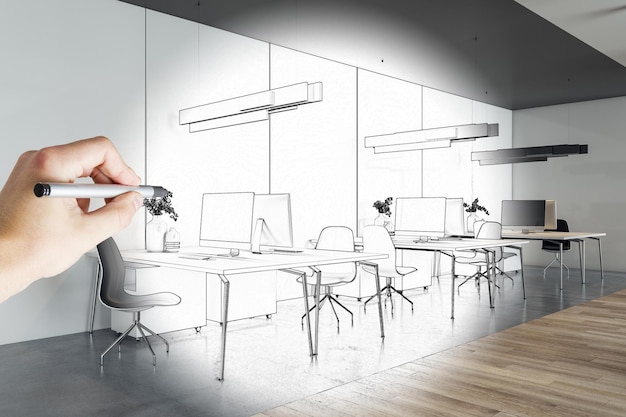 Ręcznie rysowane nowoczesny plan wnętrza biura coworkingowego Plan i koncepcja miejsca pracy