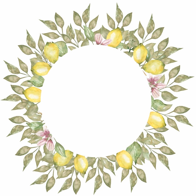 Zdjęcie ręcznie rysowane okrągły wieniec z akwarela cytryny z kwiatami i liśćmi