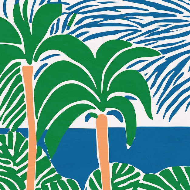 Ręcznie rysowane palmy i plaża ilustracja sztuki tropikalnej