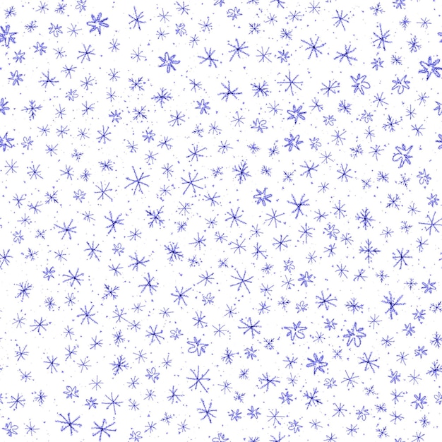 Ręcznie rysowane płatki śniegu Boże Narodzenie bezszwowe wzór. Subtelne latające płatki śniegu na tle płatki śniegu kredą. Żywa kreda handdrawn nakładka na śnieg. Niezwykła dekoracja świąteczna.