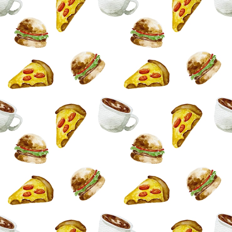 Zdjęcie ręcznie rysowane szkic akwarela ilustracja fast food amerykańskiego tradycyjnego jedzenia kawałek pizza burger i gorąca kawa