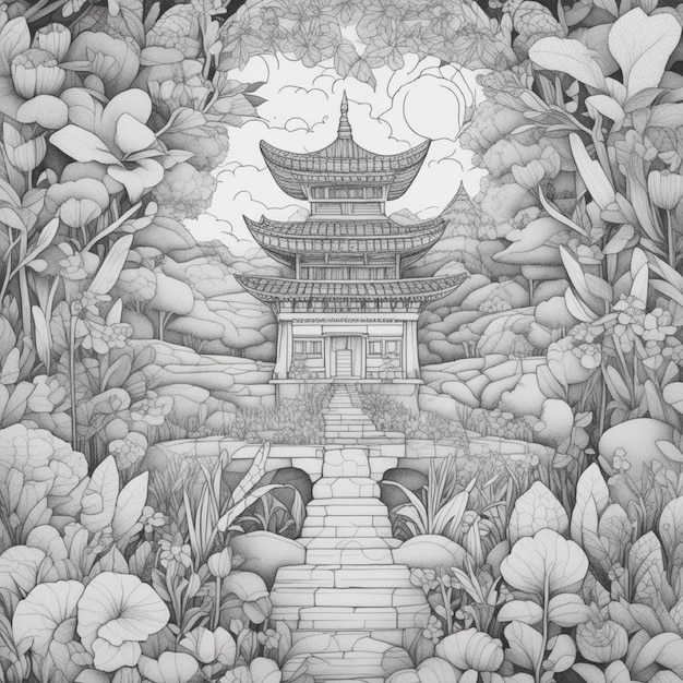 ręcznie rysowany czarno-biały krajobraz z lasem, górami, rzeką, pagodą i kwiatami 721