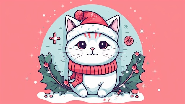 Ręcznie rysowany ilustrator postać ładny kot na Boże Narodzenie Generative AI