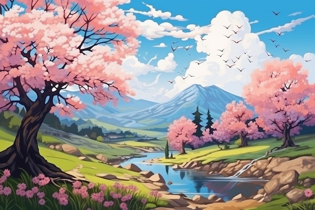 Ręcznie rysowany piękny wiosenny krajobraz