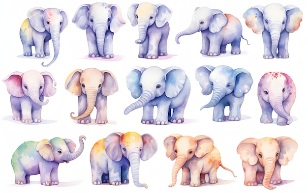 Zdjęcie ręcznie rysuj surowy zestaw zwierząt w zabawnym i kolorowym stylu przypominającym akwarele bardzo szczęśliwe małe zwierzęce dziecko