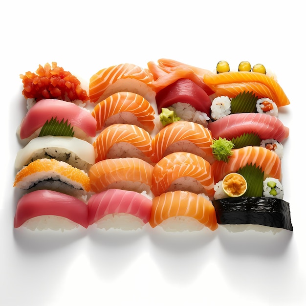 Ręcznie tłoczone sushi lub nigiri to klasyczne japońskie danie składające się ze świeżych ryb na wierzchu ryżu sushi