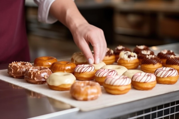 Ręcznie układaj pączki w rzędzie na pergaminie piekarniczym