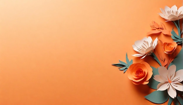 Ręcznie wykonane papierowe kwiaty ułożone na ciepłym pomarańczowym tle