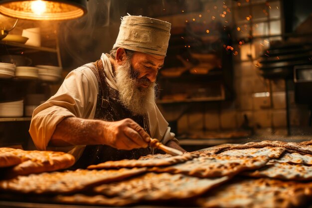 Ręcznie wykonany chleb Matzah przygotowywany w kuchni pokazujący tradycyjny proces pieczenia Generatywna sztuczna inteligencja