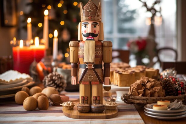 Zdjęcie ręcznie wykonany drewniany pękarz orzechów na świątecznym stole stworzonym za pomocą generatywnego ai