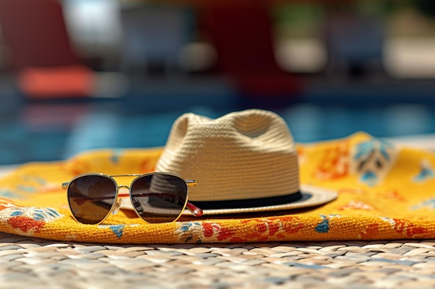 Ręcznik plażowy ozdobiony kapeluszem, okularami przeciwsłonecznymi i klapkami z Generative AI