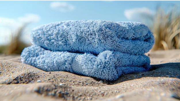 Zdjęcie ręcznik plażowy rozłożony na złotym piasku pod jasnym niebieskim niebem