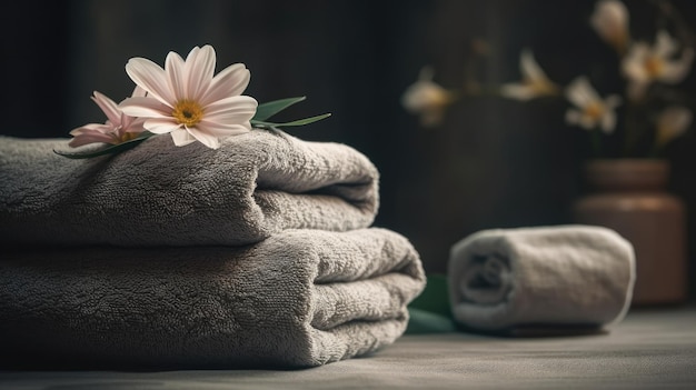 Ręczniki na stole z kwiatkiem na górze