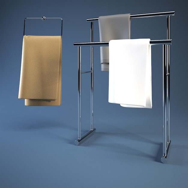 Ręczniki na wieszaku w pobliżu łazienki Wysokiej jakości obrazy uzyskane w wyniku renderingu 3D