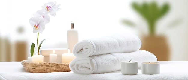 Ręczniki z torebkami ziołowymi i elementami do zabiegów kosmetycznych ustawione w centrum spa w białym pokoju