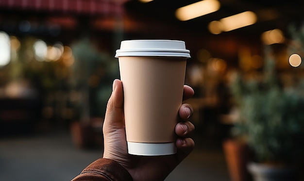 Ręczny papierowy kubek do kawy wygenerowany przez sztuczną inteligencję