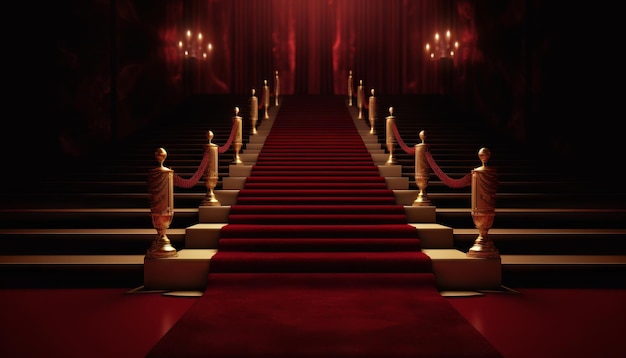 Red Carpet Bollywood Stage Maroon Steps Spot Light Tło Golden Regal Awards Generative ai