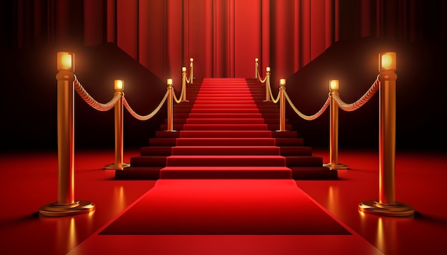 Red Carpet Bollywood Stage Maroon Steps Spot Light Tło Golden Regal Awards Generative ai