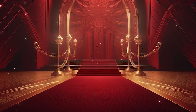 Red Carpet Bollywood Stage Maroon Steps Spot Light Tło Golden Regal Awards Generative ai