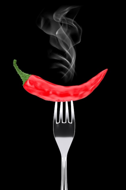 Red Chili Pepper Stuck z chromowanym widelcem na czarnym tle. Renderowanie 3D