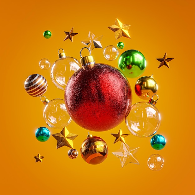 Red Christmas Ball Szklane Obiekty Ozdoby Pomarańczowe Tło Renderowania 3D