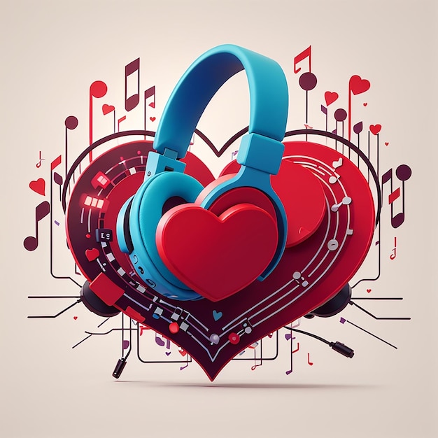 Zdjęcie red heart love music z słuchawkami notatka i melodia muzyka ilustracja wektorowa płaski styl kreskówki odpowiedni dla strony docelowych web banner flyer sticker tapeta karta tło