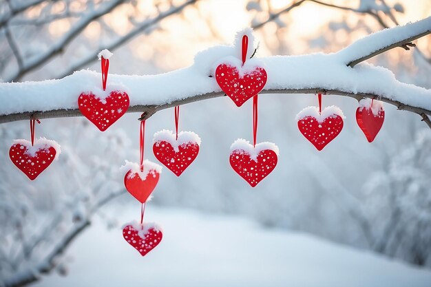 Zdjęcie red hearts on snowy tree branch in winter holidays happy valentines day celebration heart love concept