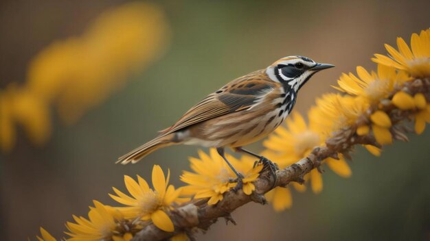 Reed bunting Emberiza schoeniclus pojedynczy ptak na żółtych kwiatach Warwickshire generative ai