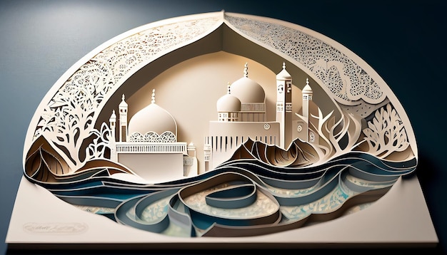 Refleksja i odnowa Ramadanu dzięki spokojnej generatywnej sztucznej inteligencji w stylu wycinanki z papieru