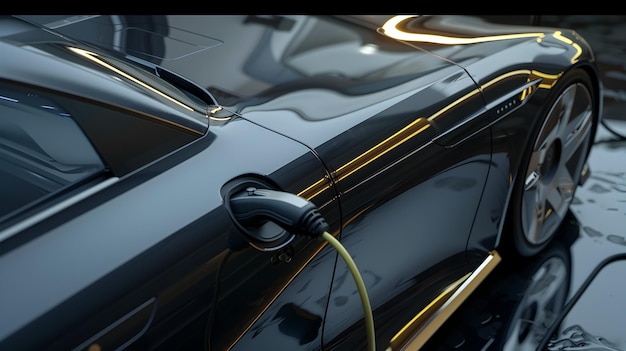 Zdjęcie refleksja powierzchni futurystycznego samochodu elektrycznego z podłączonym kablem do ładowania