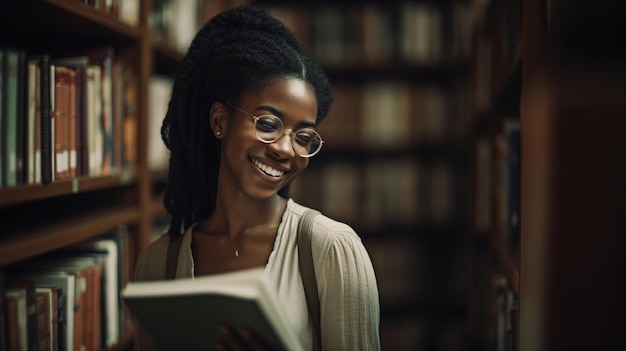 Regał w bibliotece uniwersyteckiej, za którym stoi portret wesołej kobiety, jest tworzony przy użyciu Generative AI