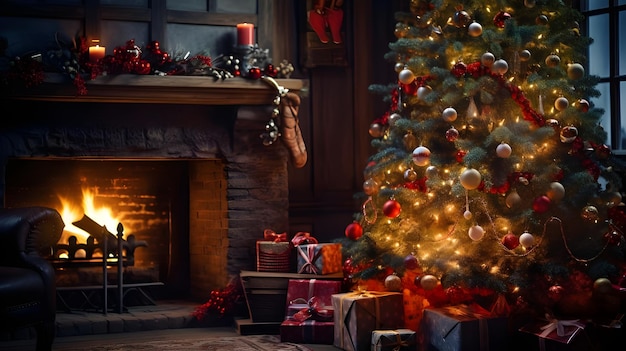 Regalos de navidad bajo del arbol ubicado en una sala de una casa Decorada