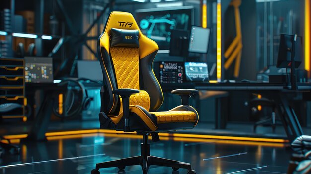 Regulowalne czarno-żółte krzesło do gier komputerowych z podkładką do stóp w studiu Meble dla graczy komputerowych krześle do gier z widokiem z przodu z podkładem na nogi