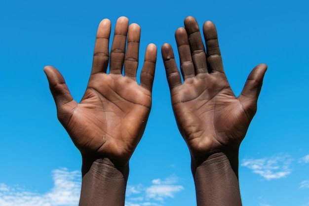 Ręka anonimowego czarnego mężczyzny i kobiety na niebieskim niebie
