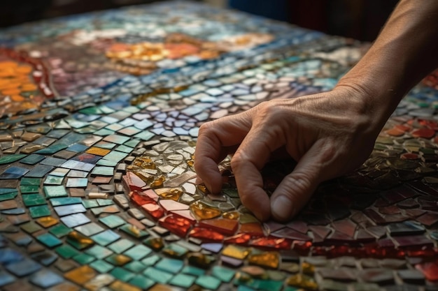 Ręka artysty nakładająca kolorowe mozaiki