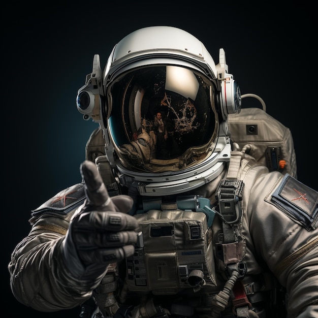 Ręka astronauty wskazująca palcem pusty makietę ekranu