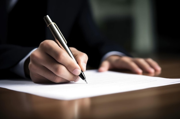 Ręka biznesmena trzyma długopis i podpisuje umowę