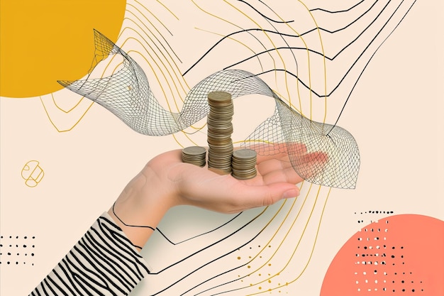 Ręka biznesmena trzymająca stos monet w stylu papierowego kolażu