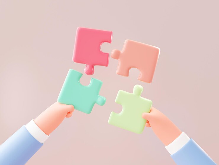 Zdjęcie ręka biznesowa łącząca układankę symbol partnera do pracy zespołowej burzy mózgów baner tła ilustracja kreskówka 3d