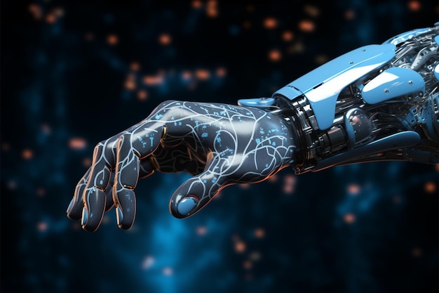Ręka cyborga chwyta chatbota otoczonego kodem binarnym w interakcji cyfrowej
