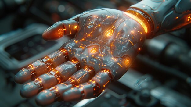 Ręka cyborga trzymająca futurystyczny interfejs medyczny