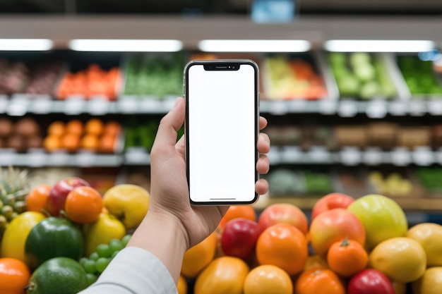Zdjęcie ręka człowieka trzymającego nowoczesny smartfon z białym ekranem na tle owoców i warzyw na półkach supermarketu biznesu i koncepcji technologicznej