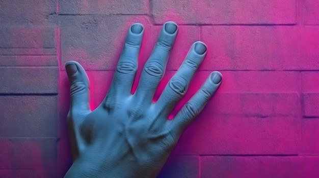 Zdjęcie ręka dotyka teksturowanej różowej ściany z cegły