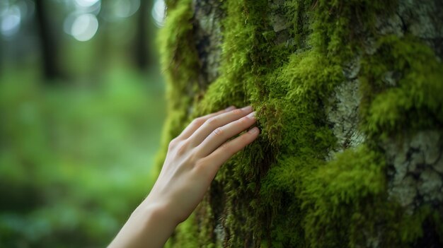 ręka dotyka zielonego mchu z rozmytym zielonym naturalnym tłem