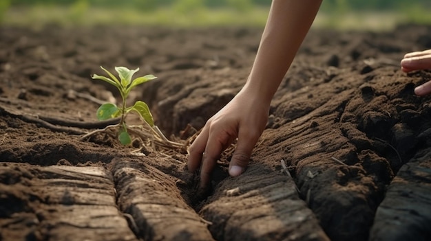 ręka dziecka sadzi drzewo na jałowej ziemi tło naturalne oświetlenie generatywne AI