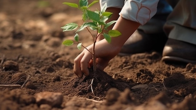 ręka dziecka sadzi drzewo na jałowej ziemi tło naturalne oświetlenie generatywne AI