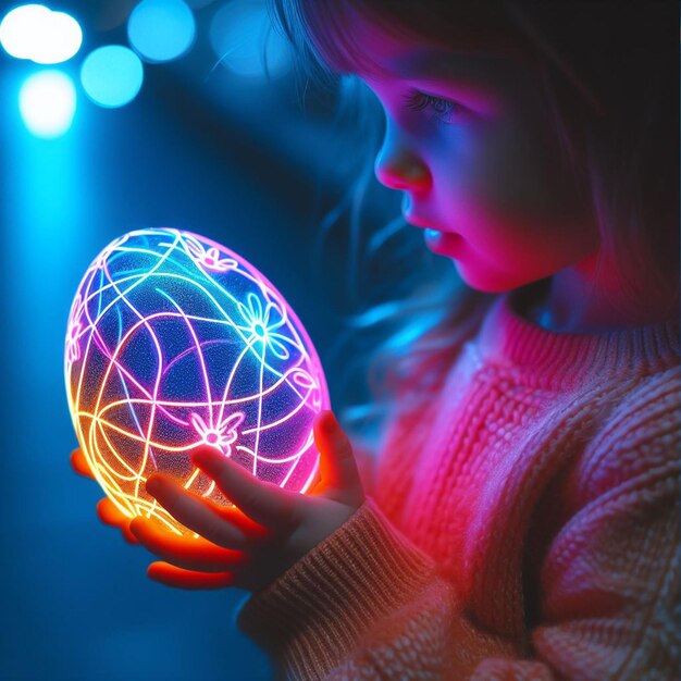 Ręka dziecka trzymająca neonowe jajko wielkanocne