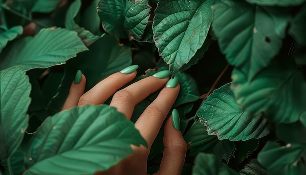 Ręka jest pomalowana na zielono na zielonym tle