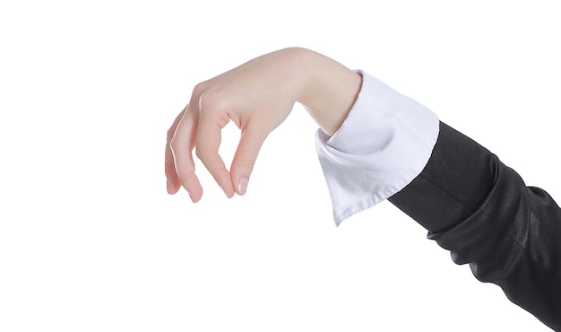 Ręka kobiety biznesu pokazujący gest na białym tle